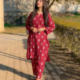 ( mahroon )  Saleha Design Block Print  Stitched Suits casual wear for girls (Summer Lilen)